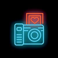 Neon camera icon displaying love photo symbol vector
