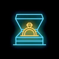 Neon icon of engagement ring in open box glowing on black background vector