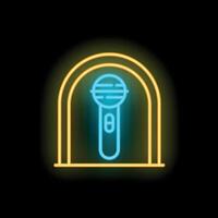 Blue neon microphone glowing inside a yellow arch on a black background vector