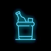 Neon sign of bottle chilling in ice bucket with ice cubes vector