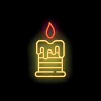 Burning candle with melting wax neon sign on black background vector
