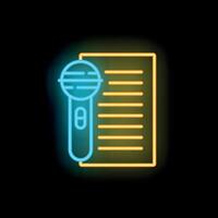 Neon microphone icon glowing next to a list on black background vector