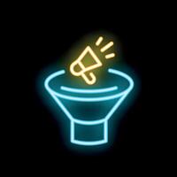 Neon icon of megaphone falling into sales funnel representing marketing strategy vector