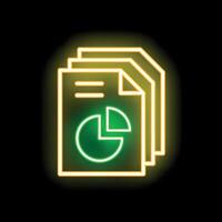 Neon icon of documents with pie chart glowing on black background vector