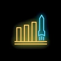Neon rocket launching from growing bar chart on black background vector