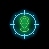 Neon target aiming at location icon on black background vector