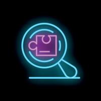 Neon icon of magnifying glass exploring puzzle piece vector