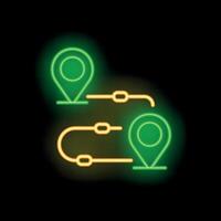 Neon style icon showing two locations connected on a map with a route vector