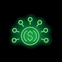 Neon green dollar coin connecting with digital network lines glowing on black background vector