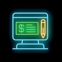 Neon icon of online banking with check and pen on computer screen vector