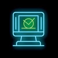 Neon icon of computer monitor displaying green checkmark symbol on black background vector