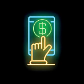 Hand tapping smartphone screen making online payment with dollar sign in neon style vector