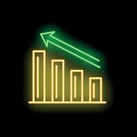 Neon bar chart showing negative trend with green arrow pointing down vector