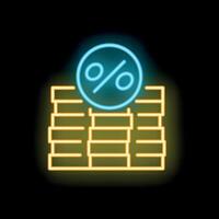 Neon sign representing increasing interest rate with stacks of coins and percentage symbol vector
