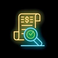 Neon icon of magnifying glass verifying financial document with check mark symbol vector