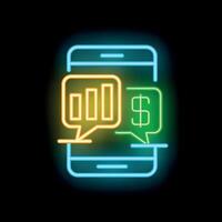 Neon sign showing mobile phone displaying growing statistics and dollar sign in speech bubbles for online business success vector