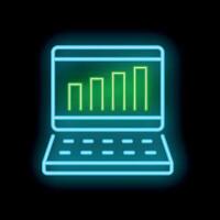 Neon laptop showing growing bar chart on black background vector