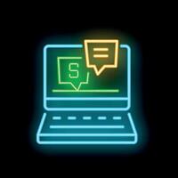 Neon laptop showing online support chat with speech bubbles vector