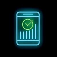 Neon smartphone showing check mark over increasing bar graph vector