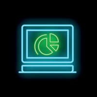 Neon computer icon showing pie chart on screen for data analysis vector