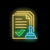 Neon approved document with stamp icon glowing on dark background vector