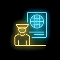 Border guard checking passport with planet earth sign neon icon vector
