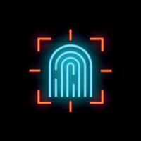 Neon fingerprint scanner identifying person through biometrics vector