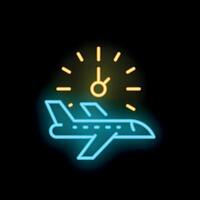 Neon icon of airplane taking off with clock symbolizing fast travel time vector