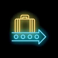 Neon suitcase on conveyor belt moving right with arrow pointing right vector