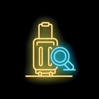 Neon icon of luggage with magnifying glass representing travel search vector