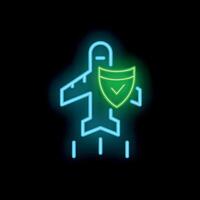 Neon style icon representing plane with check mark shield for travel insurance vector