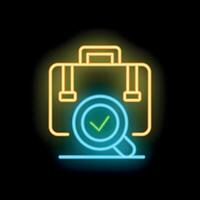 Neon icon of magnifying glass validating a briefcase for job search or business success vector