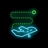 Neon airplane icon showing flight path with way points vector