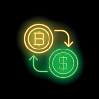 Neon sign representing bitcoin exchanging for dollar with arrows showing the conversion process vector