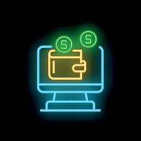 Neon sign representing online payment processing with wallet and coins on computer screen vector