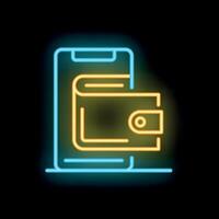 Neon sign showing mobile phone overlapping digital wallet for online payment vector