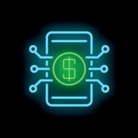 Neon sign representing mobile banking system with dollar sign inside smartphone vector