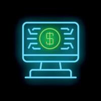 Glowing neon line computer monitor showing money icon isolated on a black background illustration for design vector
