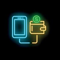 Neon sign representing mobile payment with smartphone and wallet connected vector