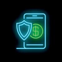 Neon icon of mobile banking security system protecting money transaction vector