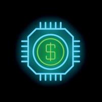 Neon cpu chip generating digital money icon glowing on black background vector