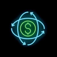 Neon sign representing money circulation with rotating arrows on black background vector