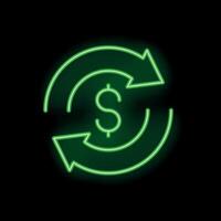 Green neon sign representing money circulation with two arrows forming a circle on a black background vector