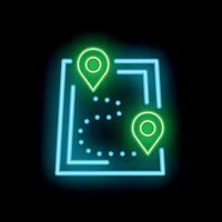 Neon route with pins showing the way on black background vector