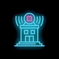Neon style icon showing building with no wireless network signal vector