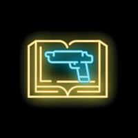 Open book with gun appearing on page in neon light style vector
