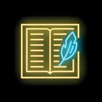 Neon book and quill signifying creative writing process vector