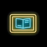 Neon icon of open book displaying on tablet computer vector