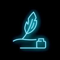 Neon sign of feather pen resting on blank paper with ink well displaying concept of writing vector
