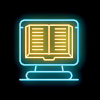 Neon icon of open book displaying on computer monitor screen vector